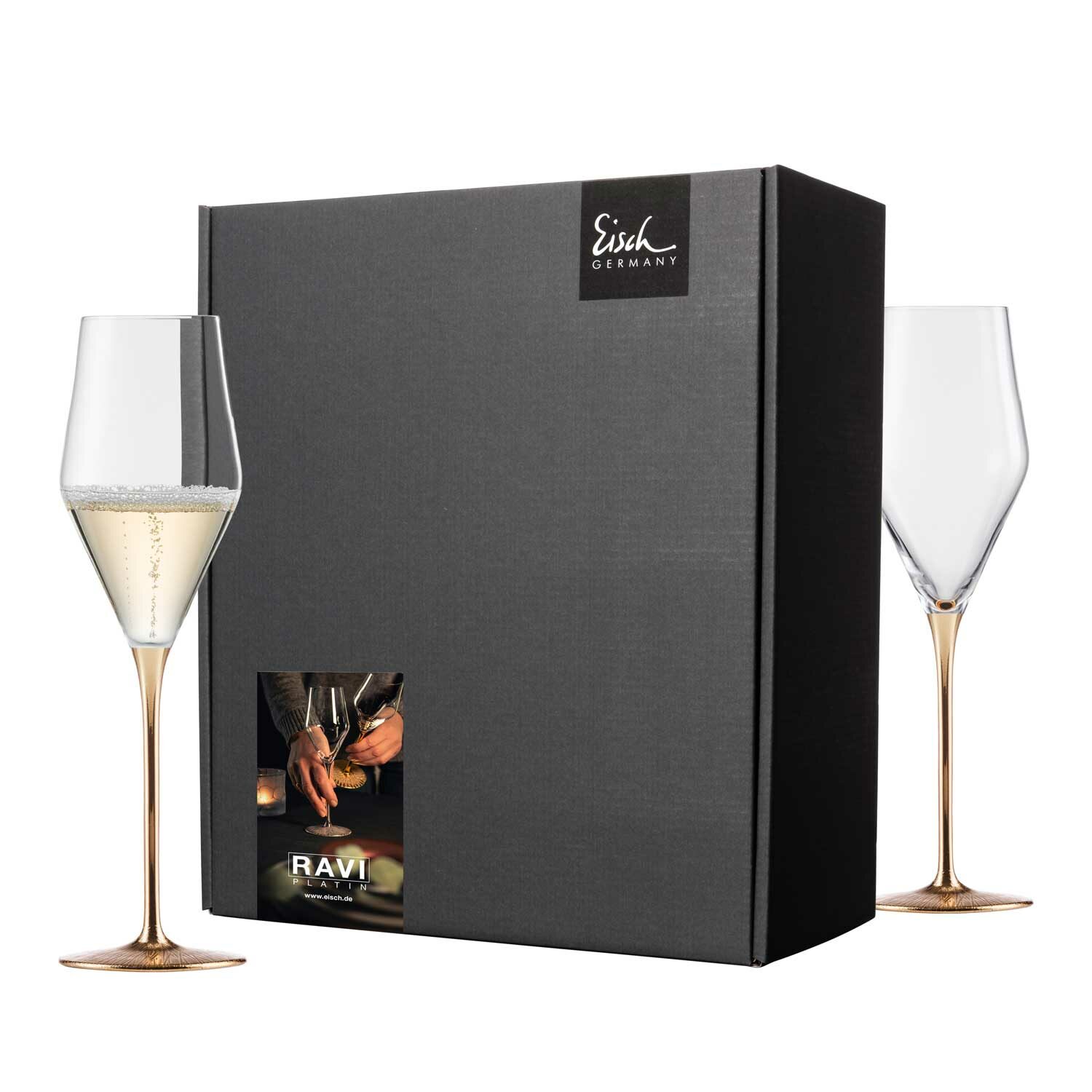 RAVI GOLD 2 champagne crystal glasses in a gift box