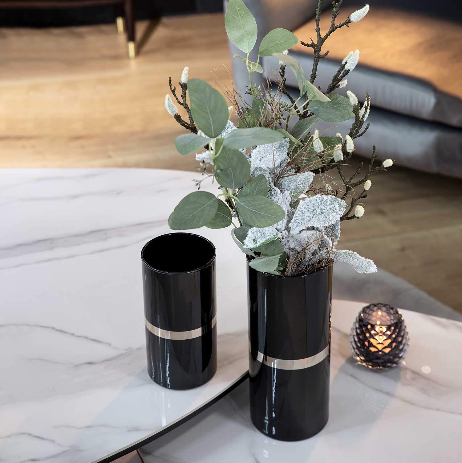 GALA Vase schwarzes Glas mit Platinum