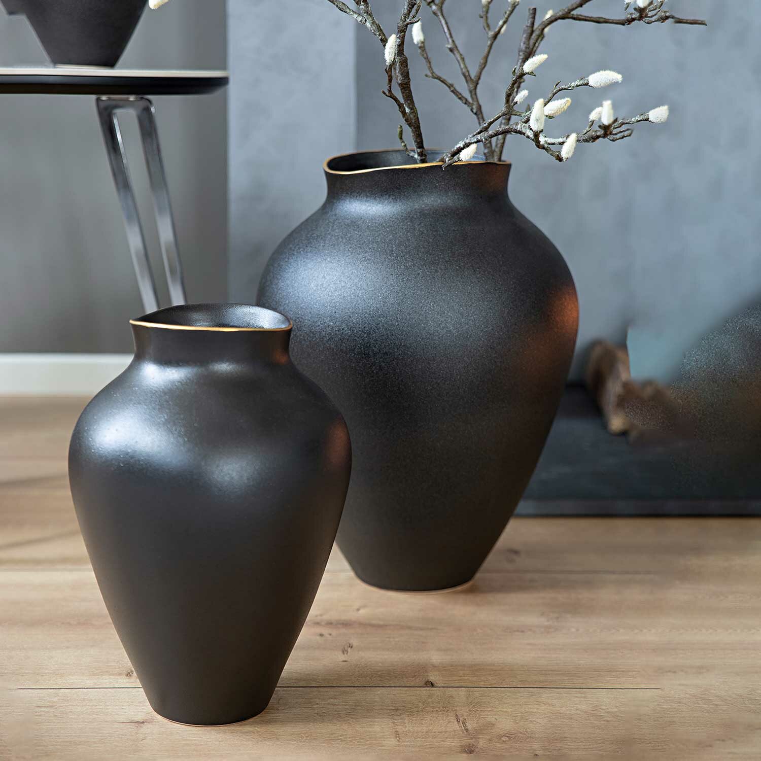KALEA Vase Keramik schwarz mit Goldrand H 44 cm