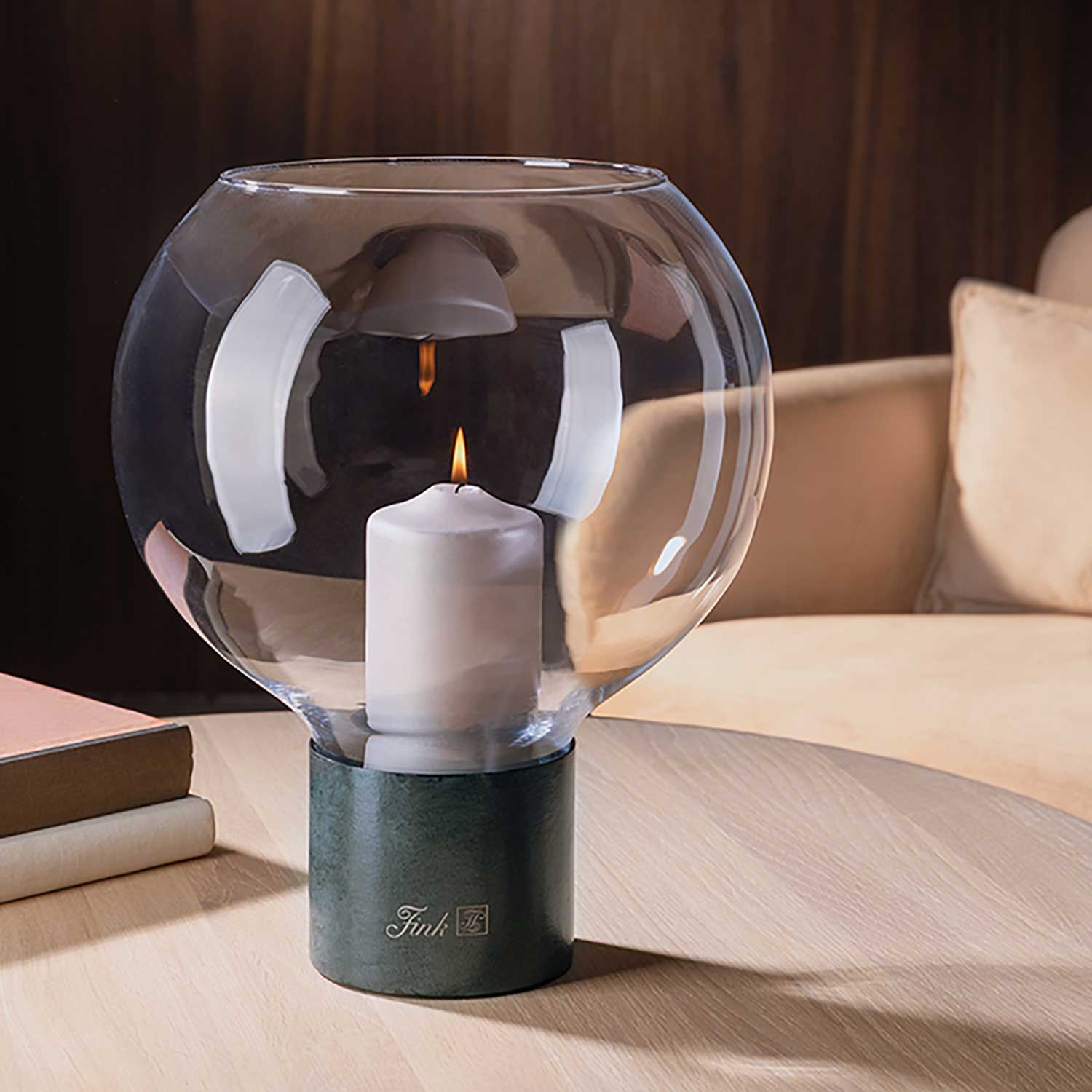 PEGO candle holder base in green patina with round glass insert 1 PEGO candle holder base in green patina with round glass insert