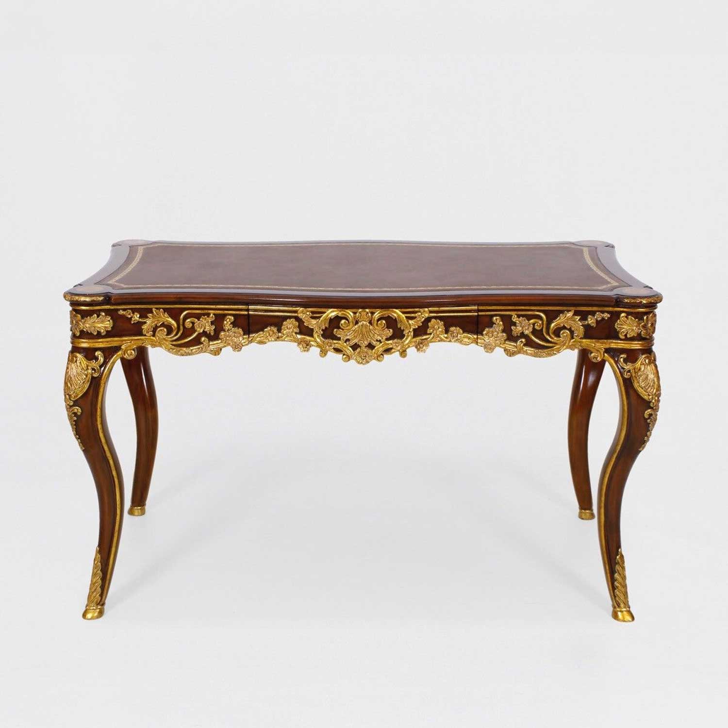 RENO Mahogany Desk with Gold Accents and Leather Top 1 RENO Mahogany Desk with Gold Accents and Leather Top