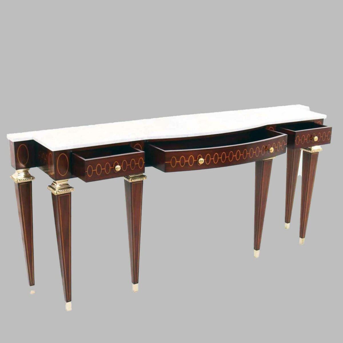 TALE console, mahogany, brass, white marble