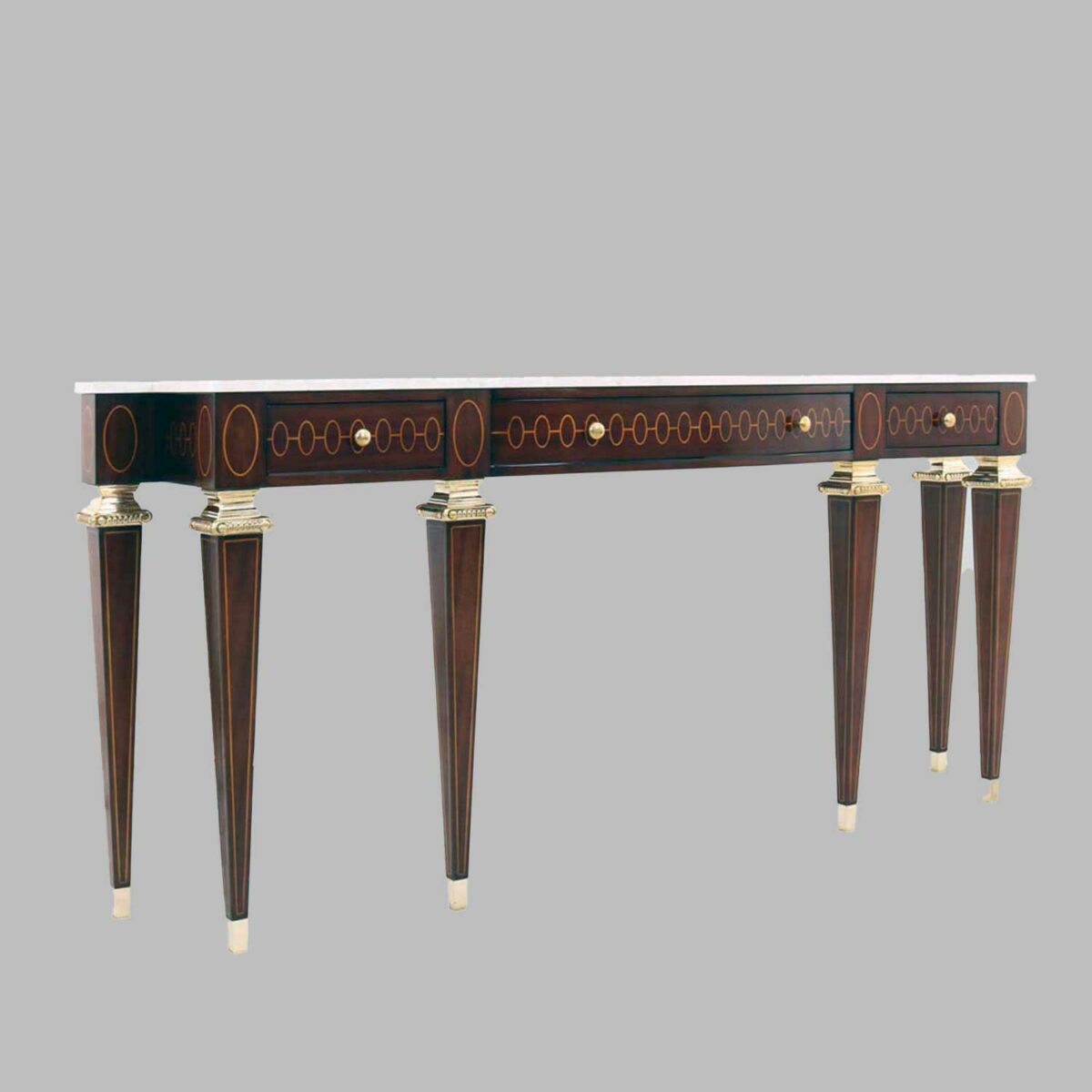 TALE console, mahogany, brass, white marble